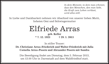 Traueranzeige von Elfriede Arras von Offenbach