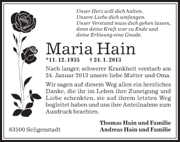 Traueranzeige von Maria Hain von Offenbach