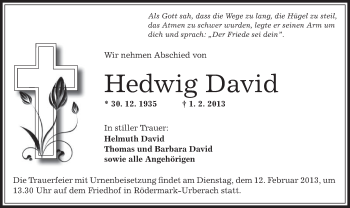 Traueranzeige von Hedwig David von Offenbach