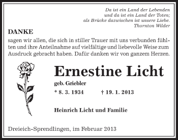 Traueranzeige von Ernestine Licht von Offenbach