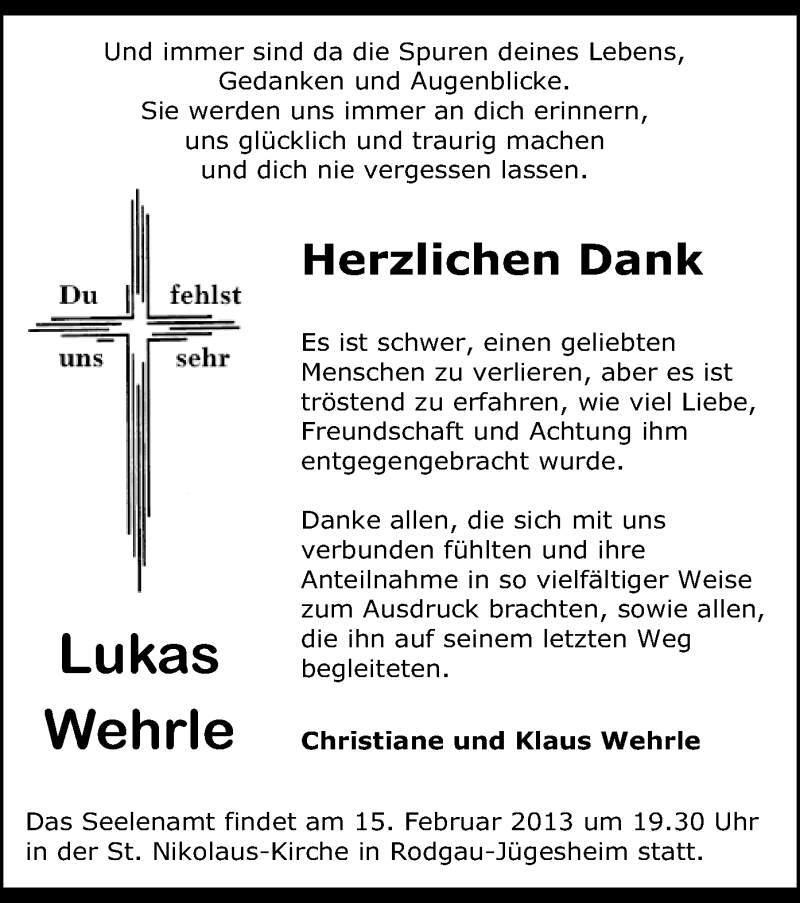  Traueranzeige für Lukas Wehrle vom 09.02.2013 aus Offenbach