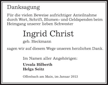 Traueranzeige von Ingrid Christ von Offenbach