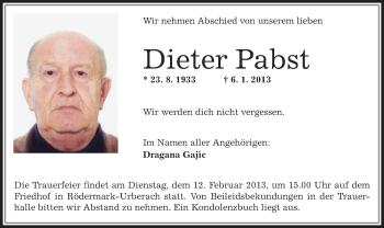 Traueranzeige von Dieter Pabst von Offenbach