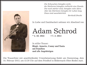 Traueranzeige von Adam Schrod von Offenbach