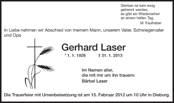 Traueranzeige von Gerhard Laser von Offenbach