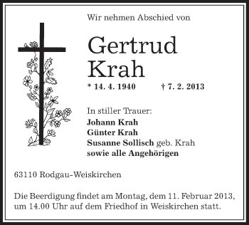 Traueranzeige von Gertrud Krah von Offenbach