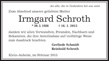 Traueranzeige von Irmgard Schroth von Offenbach