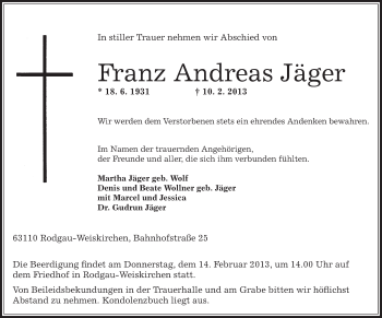 Traueranzeige von Franz Andreas Jäger von Offenbach