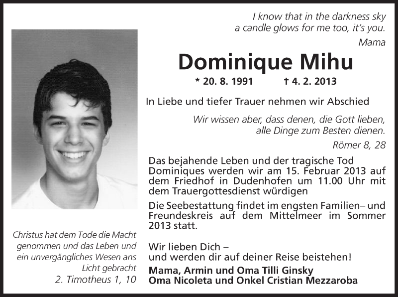  Traueranzeige für Dominique Mihu vom 12.02.2013 aus Offenbach