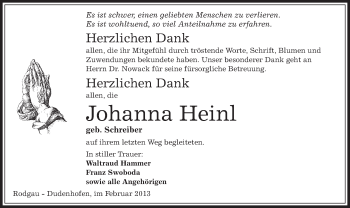 Traueranzeige von Johanna Heinl von Offenbach