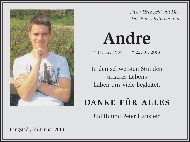  Traueranzeige für Andre Hanstein vom 16.02.2013 aus Offenbach