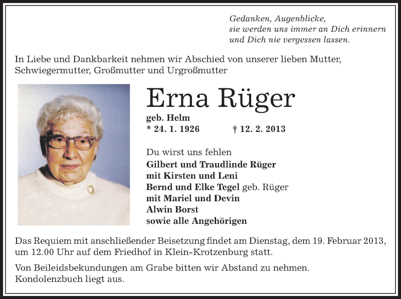  Traueranzeige für Erna Rüger vom 15.02.2013 aus Offenbach