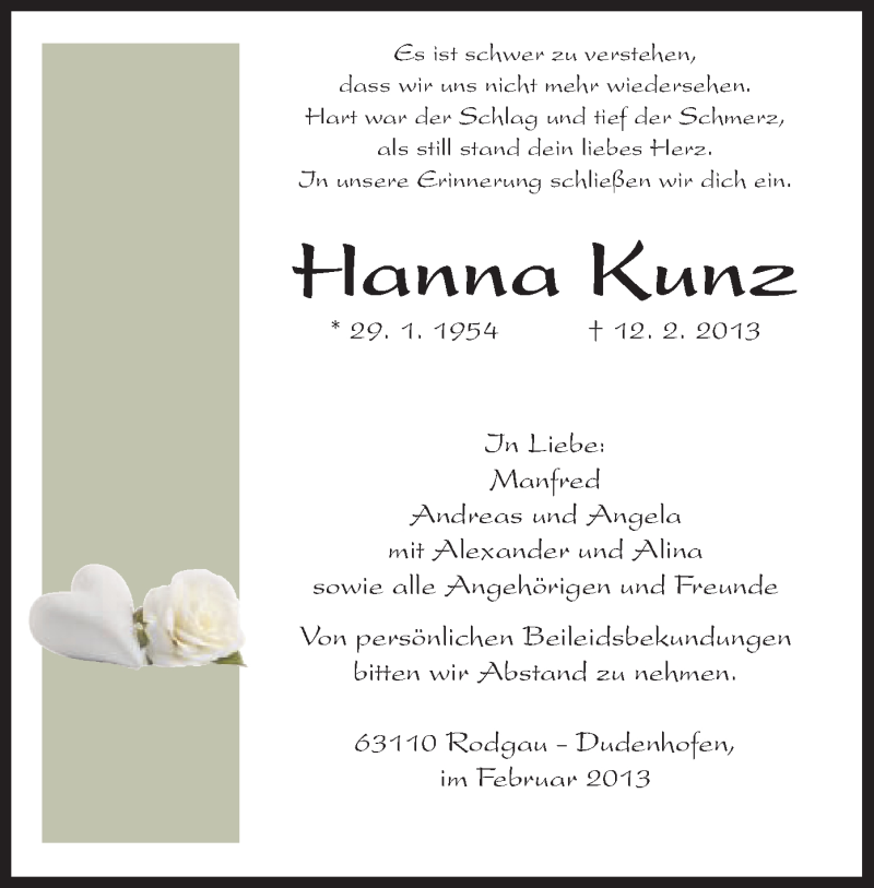 Traueranzeige für Hanna Kunz vom 16.02.2013 aus Offenbach