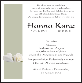 Traueranzeige von Hanna Kunz von Offenbach