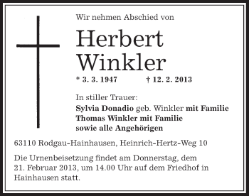 Traueranzeige von Herbert Winkler von Offenbach