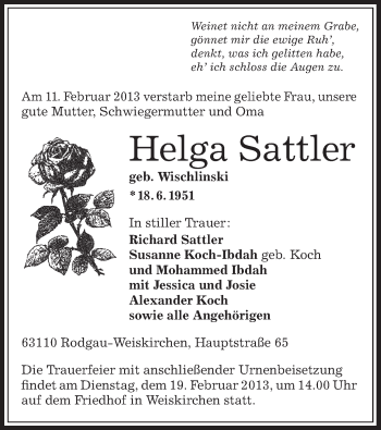 Traueranzeige von Helga Sattler von Offenbach