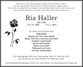 Traueranzeige von Ria Haller von Offenbach