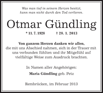 Traueranzeige von Otmar Gündling von Offenbach