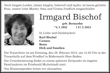 Traueranzeige von Irmgard Bischof von Offenbach