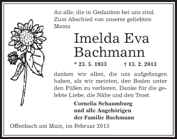 Traueranzeige von Imelda Eva Bachmann von Offenbach