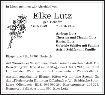 Traueranzeige von Elke Lutz von Offenbach