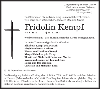 Traueranzeige von Fridolin Kempf von Offenbach