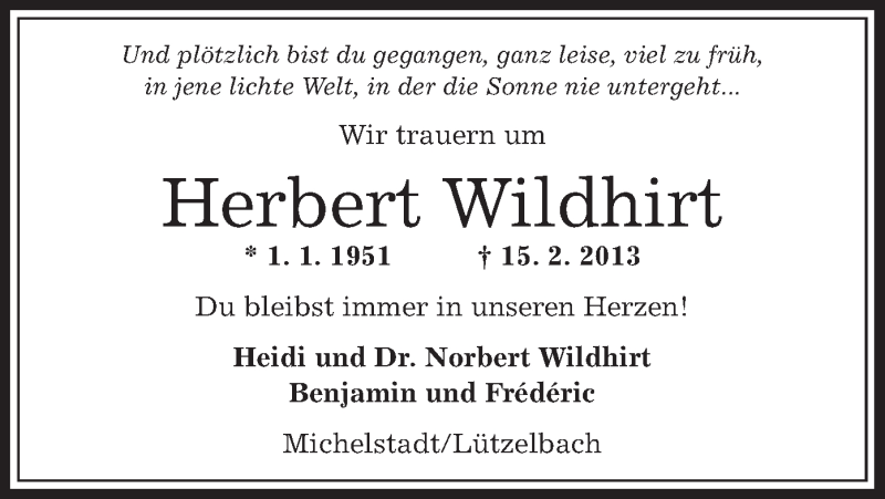  Traueranzeige für Herbert Wildhirt vom 23.02.2013 aus Offenbach