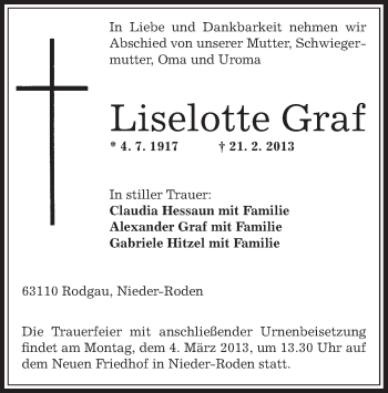 Traueranzeige von Liselotte Graf von Offenbach