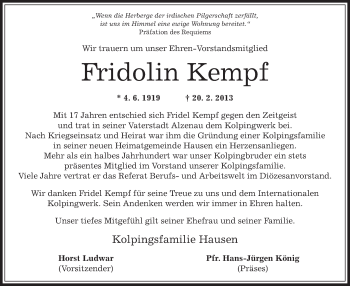 Traueranzeige von Fridolin Kempf von Offenbach