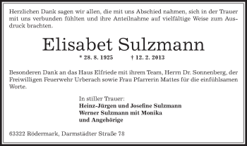 Traueranzeige von Elisabet Sulzmann von Offenbach