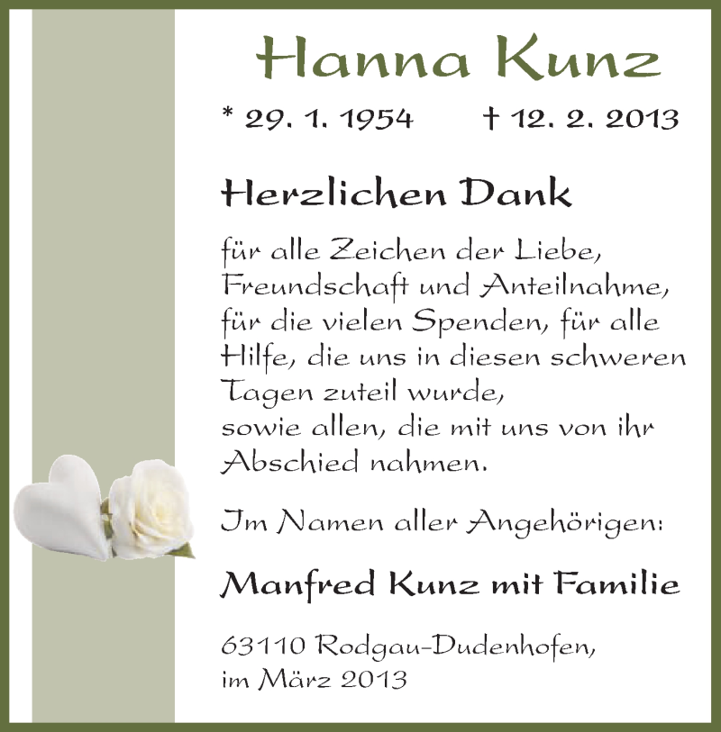  Traueranzeige für Hanna Kunz vom 14.03.2013 aus Offenbach