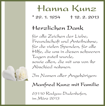 Traueranzeige von Hanna Kunz von Offenbach