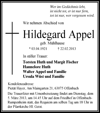 Traueranzeige von Hildegard Appel von Offenbach