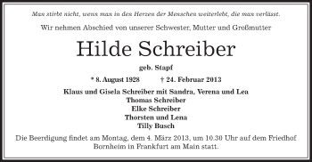 Traueranzeige von Hilde Schreiber von Offenbach