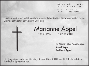 Traueranzeige von Marianne Appel von Offenbach