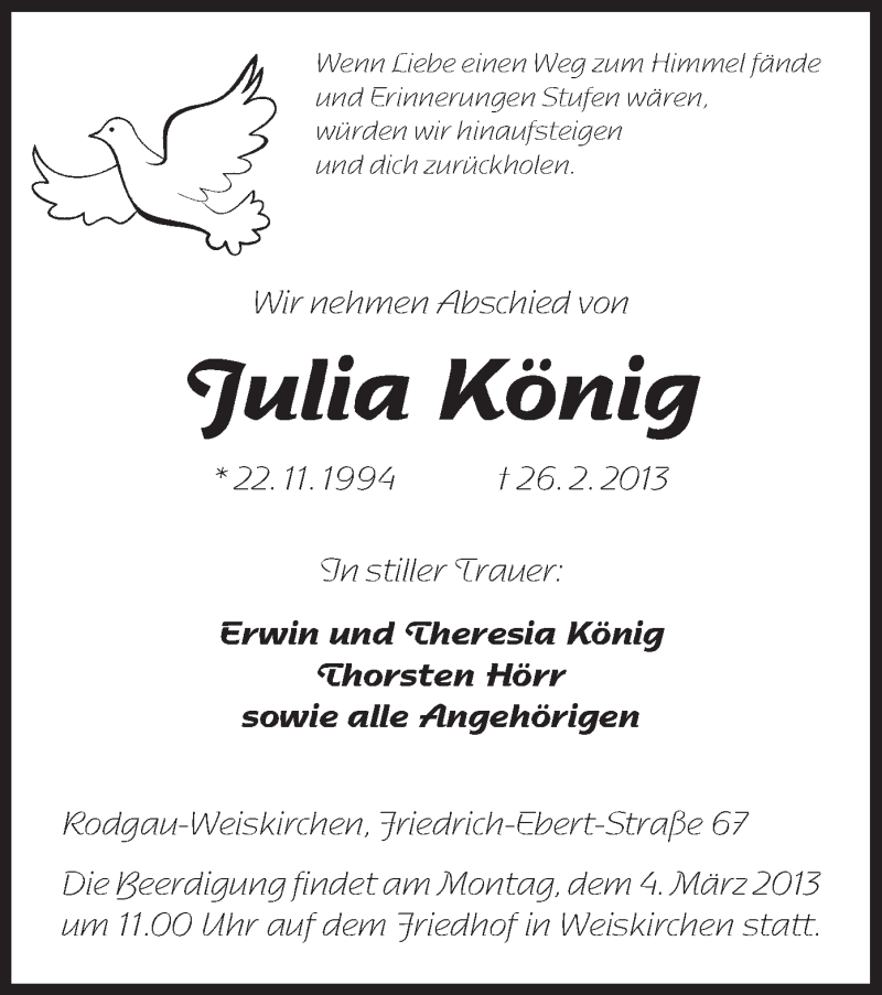  Traueranzeige für Julia König vom 02.03.2013 aus Offenbach