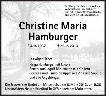 Traueranzeige von Christine Maria Hamburger von Offenbach