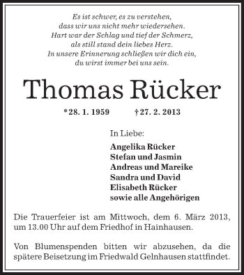 Traueranzeige von Thomas Rücker von Offenbach