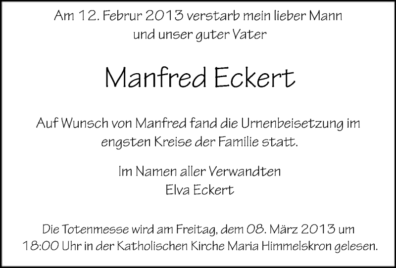  Traueranzeige für Manfred Eckert vom 05.03.2013 aus Offenbach