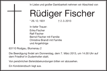 Traueranzeige von Rüdiger Fischer von Offenbach