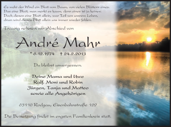 Traueranzeige von André Mahr von Offenbach