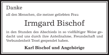 Traueranzeige von Irmgard Bischof von Offenbach