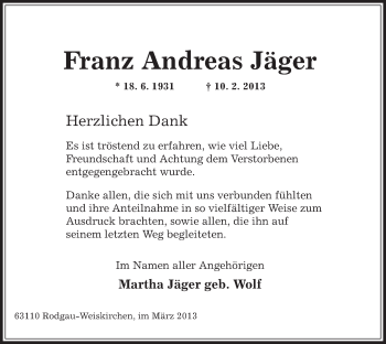 Traueranzeige von Franz Andreas von Offenbach