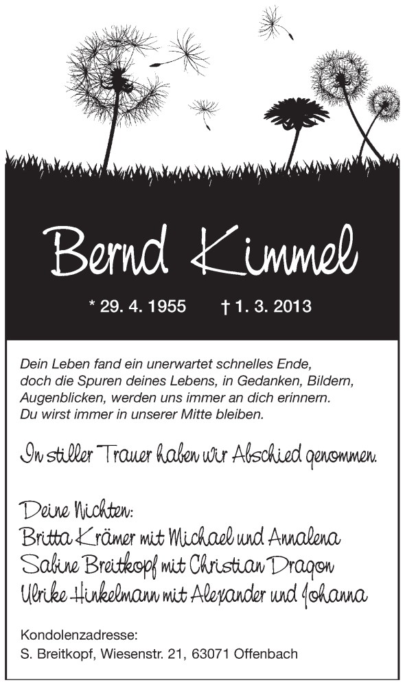  Traueranzeige für Bernd Kimmel vom 09.03.2013 aus Offenbach