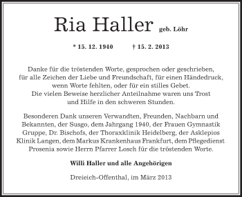 Traueranzeige von Ria Haller von Offenbach