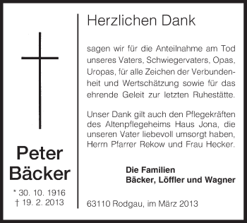 Traueranzeige von Peter Bäcker von Offenbach