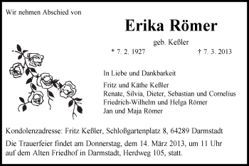 Traueranzeige von Erika Römer von Offenbach