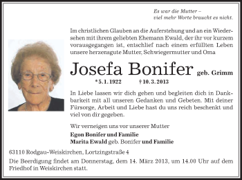 Traueranzeige von Josefa Bonifer von Offenbach