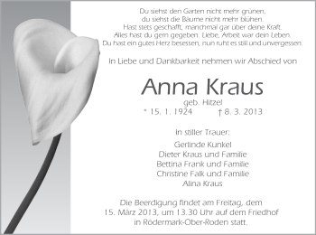 Traueranzeige von Anna Kraus von Offenbach