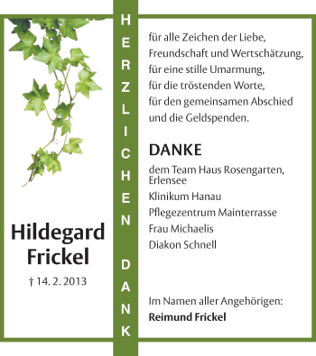 Traueranzeige von Hildegard Frickel von Offenbach